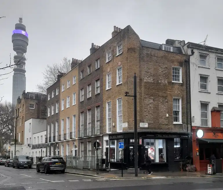 Exterior of 45 Fitzroy Street with the BT Tower in the background.
