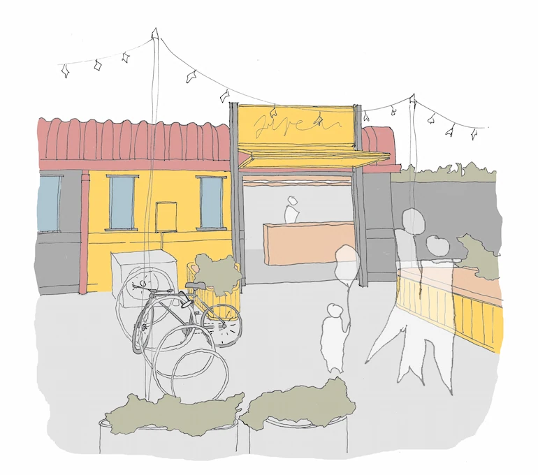 Malham Road Unit Facade Illustration of a family visiting a brightly-coloured industrial unit.